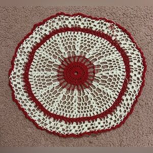 VTG HAND CROCHETED DOILY 13.75” White Red Vintage Handmade Christmas Holiday